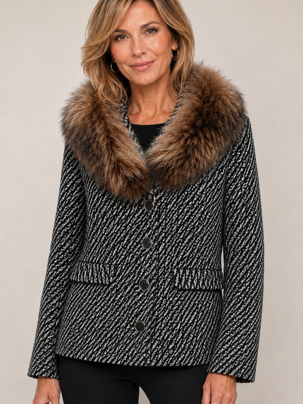Vintage Black & White Tweed Jacket with Genuine Fur Collar - Sz S